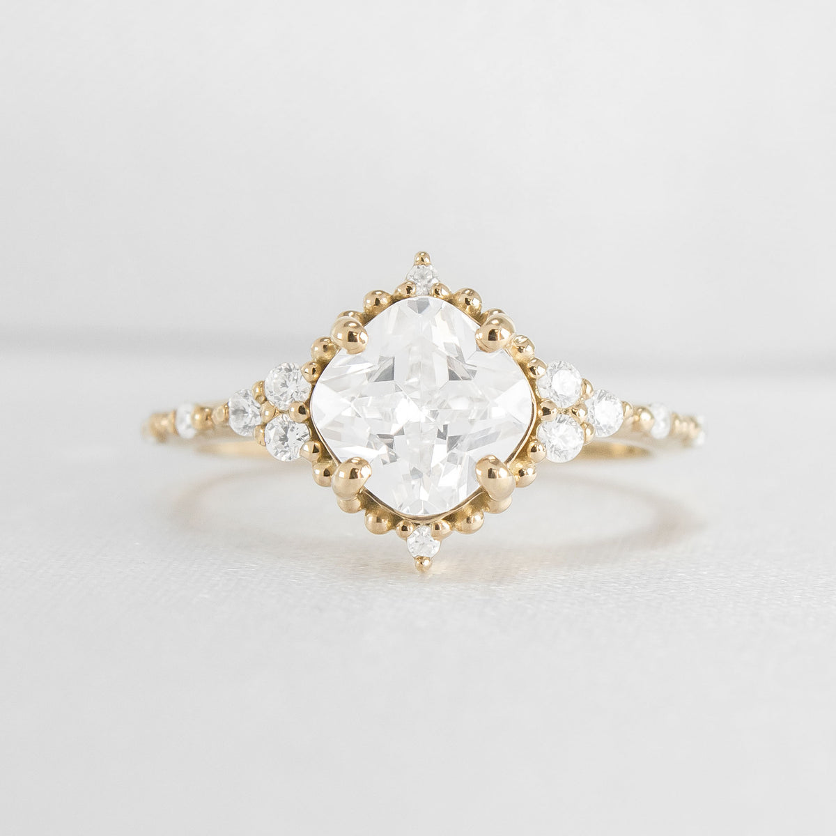 Shown in 2 Carat Diamond*The Galaeth Cluster Diamond Engagement Ring with cushion cut diamond in yellow gold from front by Lisa Robin#color_14k-yellow-gold