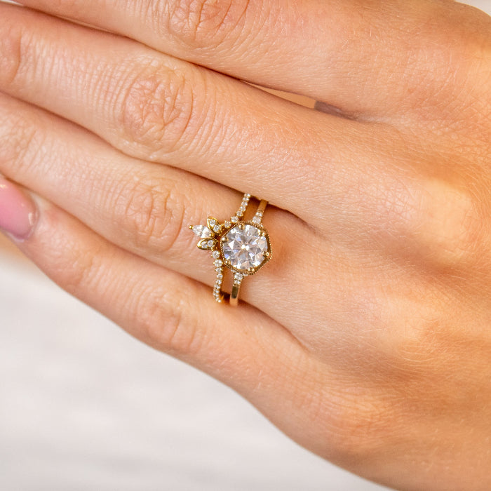 The Halee Chevron Diamond Wedding Ring in 14K yellow gold on model hand by Lisa Robin#color_14k-yellow-gold