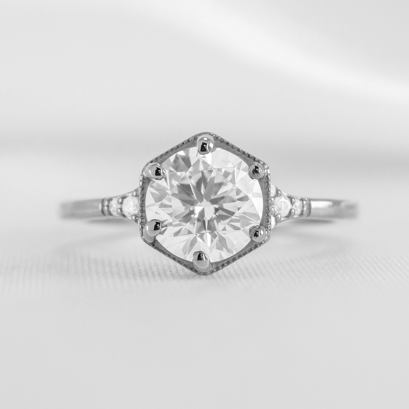 Shown in 1.0 carat Diamond* The Genevieve Hexagon Round Diamond Engagement Ring | Lisa Robin#color_platinum