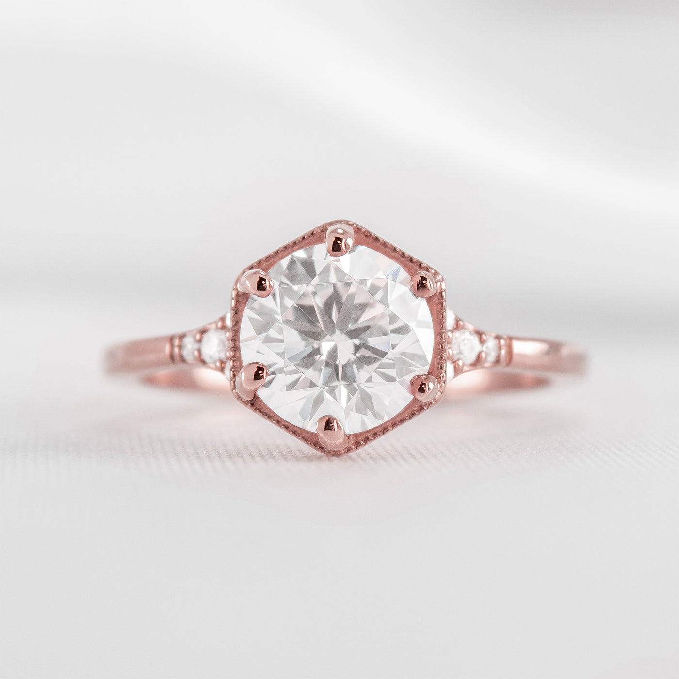Shown in 1.0 carat Diamond* The Genevieve Round Diamond Hexagon Engagement Ring | Lisa Robin#color_14k-rose-gold