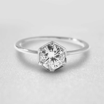 Shown in 1.0 carat * The Genevieve Round Diamond Hexagon Engagement Ring - Lisa Robin#color_18k-white-gold