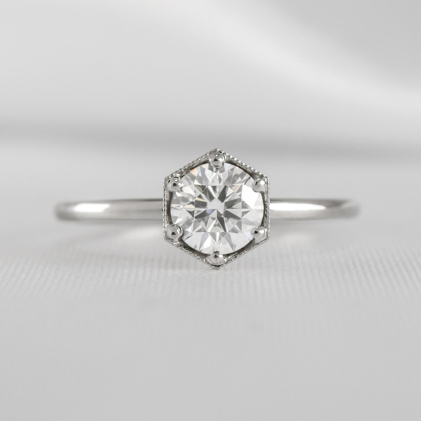 Shown in 1.0 Carat * The Genevieve Round Diamond Hexagon Engagement Ring | Lisa Robin#color_18k-white-gold