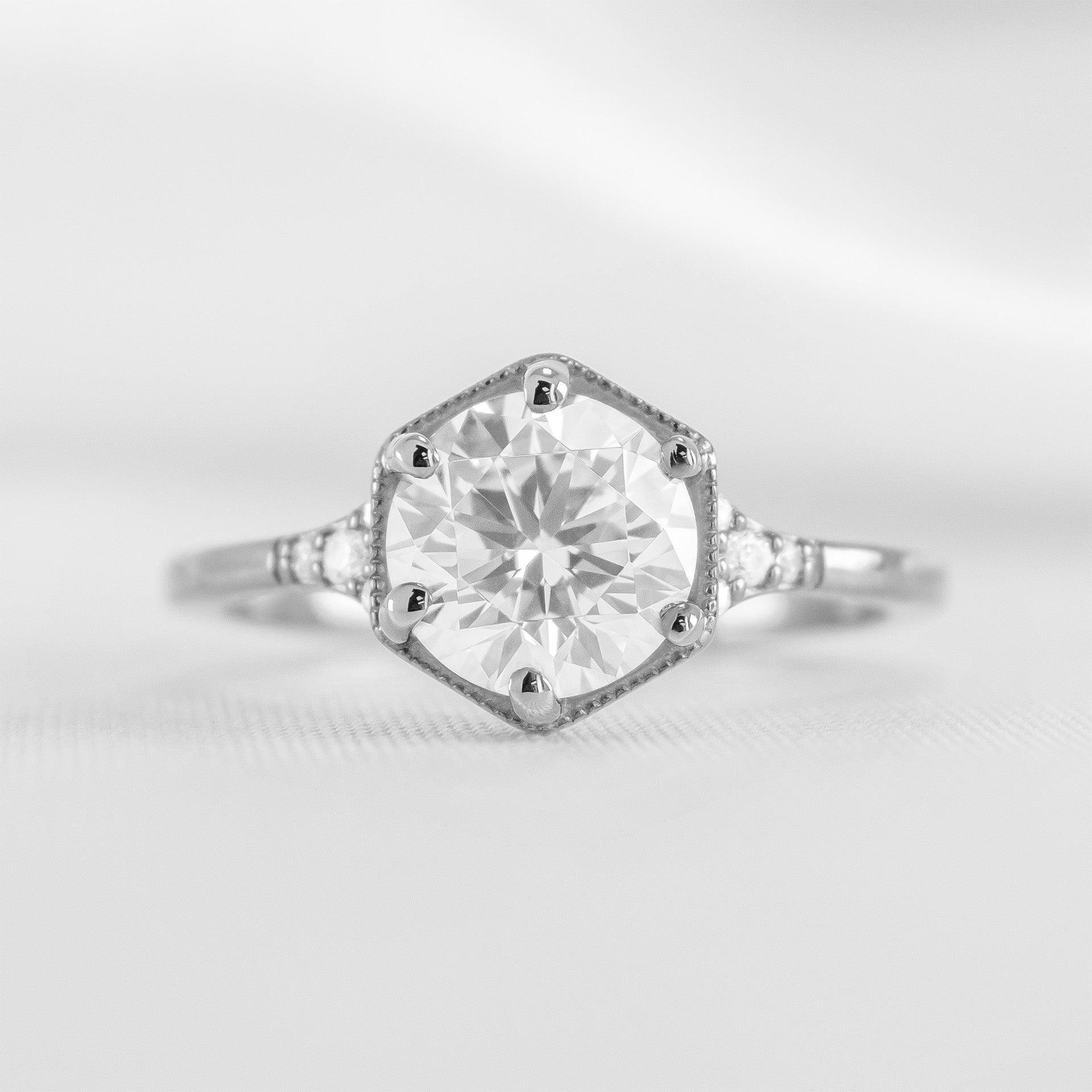 The Genevieve Hexagon Round Diamond Engagement Ring | Lisa Robin#color_14k-white-gold