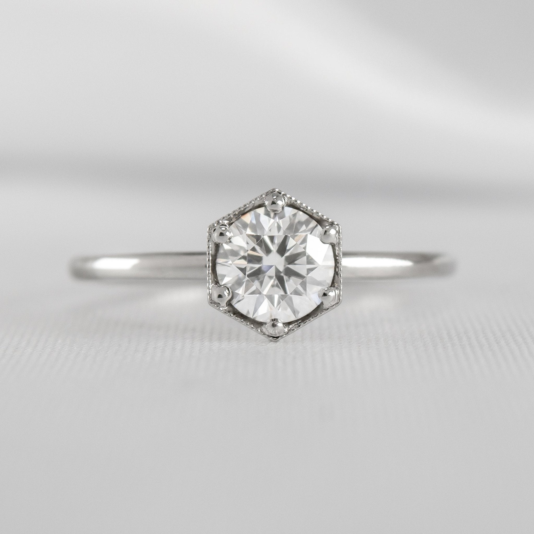 Shown in 1.0 Carat * The Genevieve Round Diamond Hexagon Engagement Ring | Lisa Robin#color_platinum