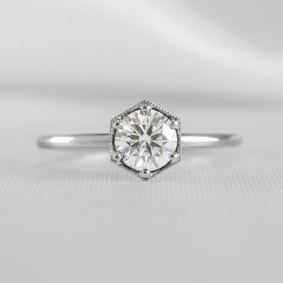 Shown in 1.0 Carat * The Genevieve Round Diamond Hexagon Engagement Ring | Lisa Robin#color_platinum