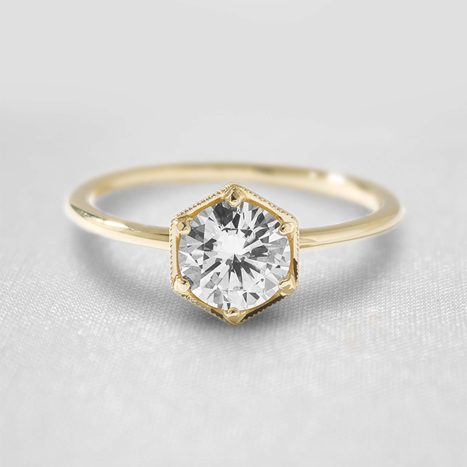 Shown in 1.0 Carat * Round Diamond Hexagon Engagement Ring | Lisa Robin#color_18k-yellow-gold