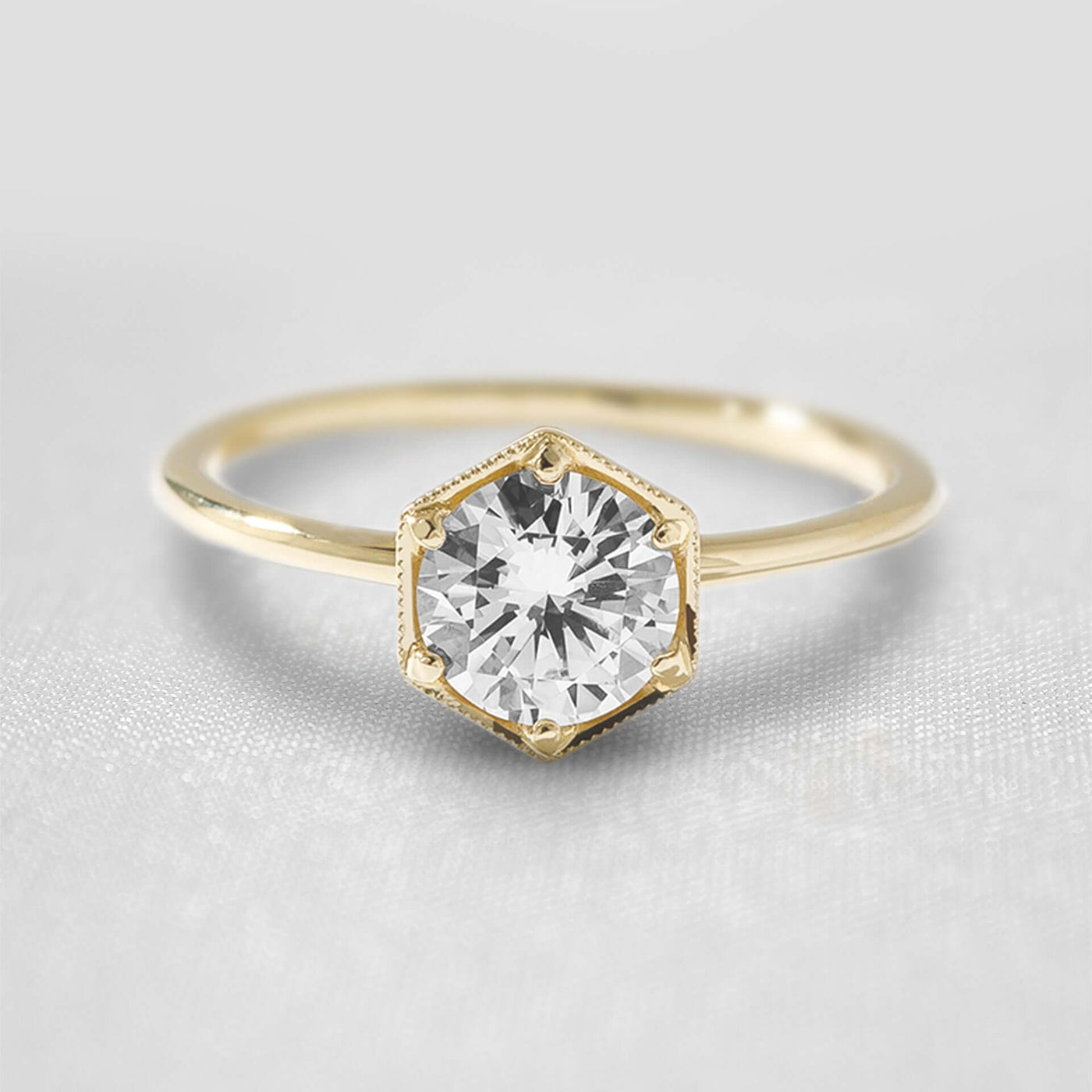 Shown in 1.0 carat * The Genevieve Round Diamond Hexagon Engagement Ring - Lisa Robin#color_18k-yellow-gold