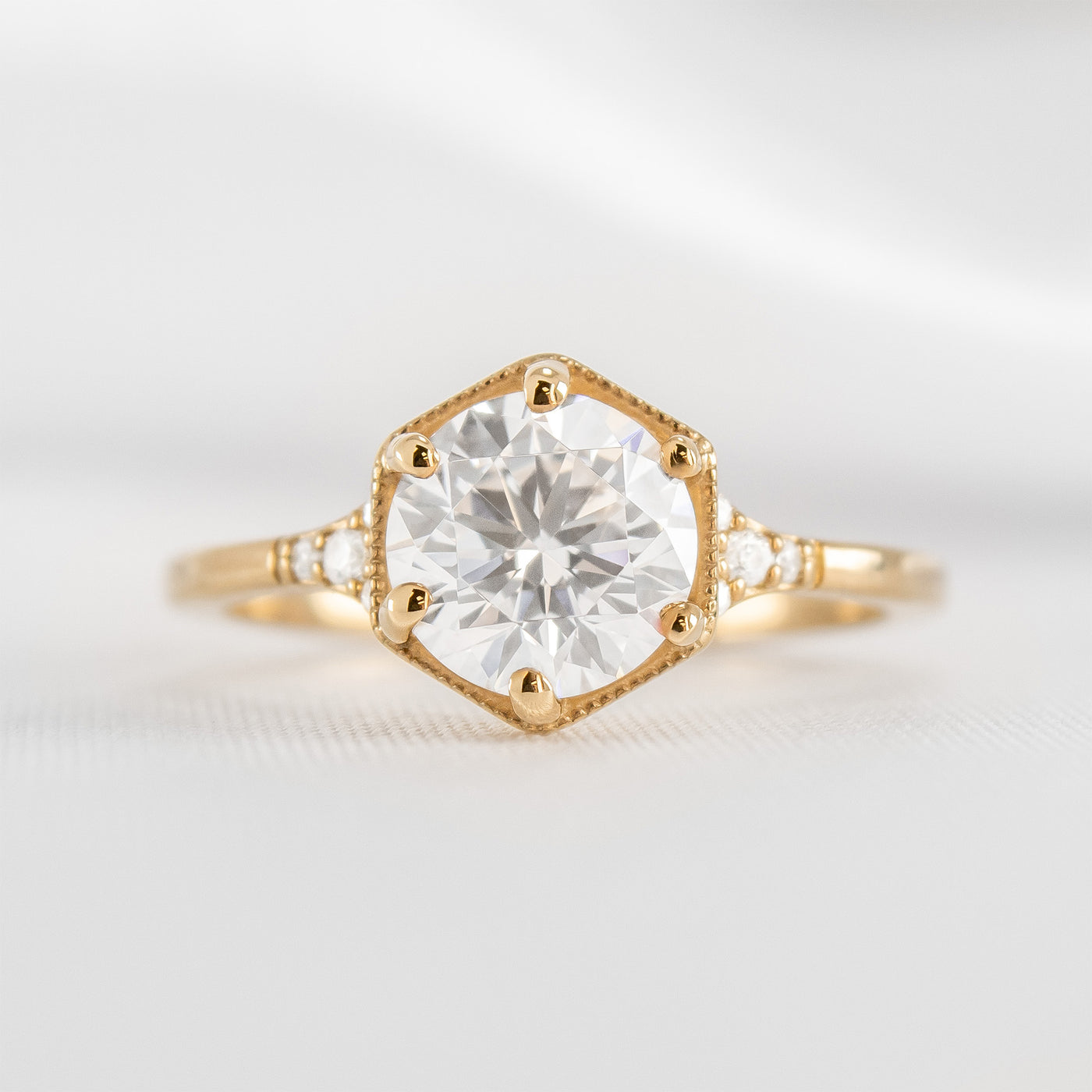Shown in 1.0 carat Diamond* The Genevieve Round Diamond Hexagon Engagement Ring | Lisa Robin#color_14k-yellow-gold