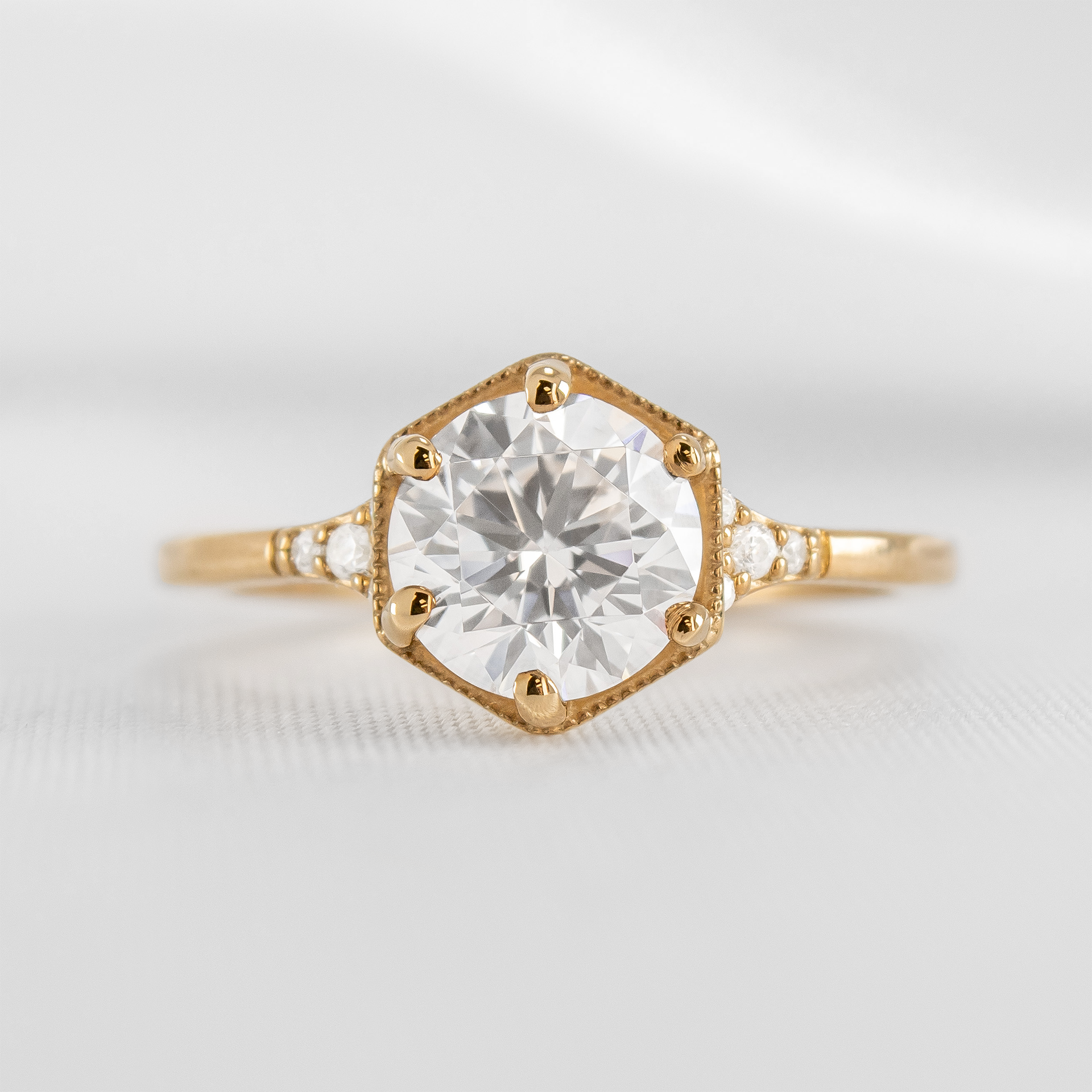 Shown in 1.0 carat Diamond* The Genevieve Round Diamond Hexagon Engagement Ring | Lisa Robin#color_14k-yellow-gold