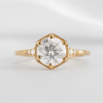 Shown in 1.0 carat Diamond* The Genevieve Round Diamond Hexagon Engagement Ring | Lisa Robin#color_14k-yellow-gold
