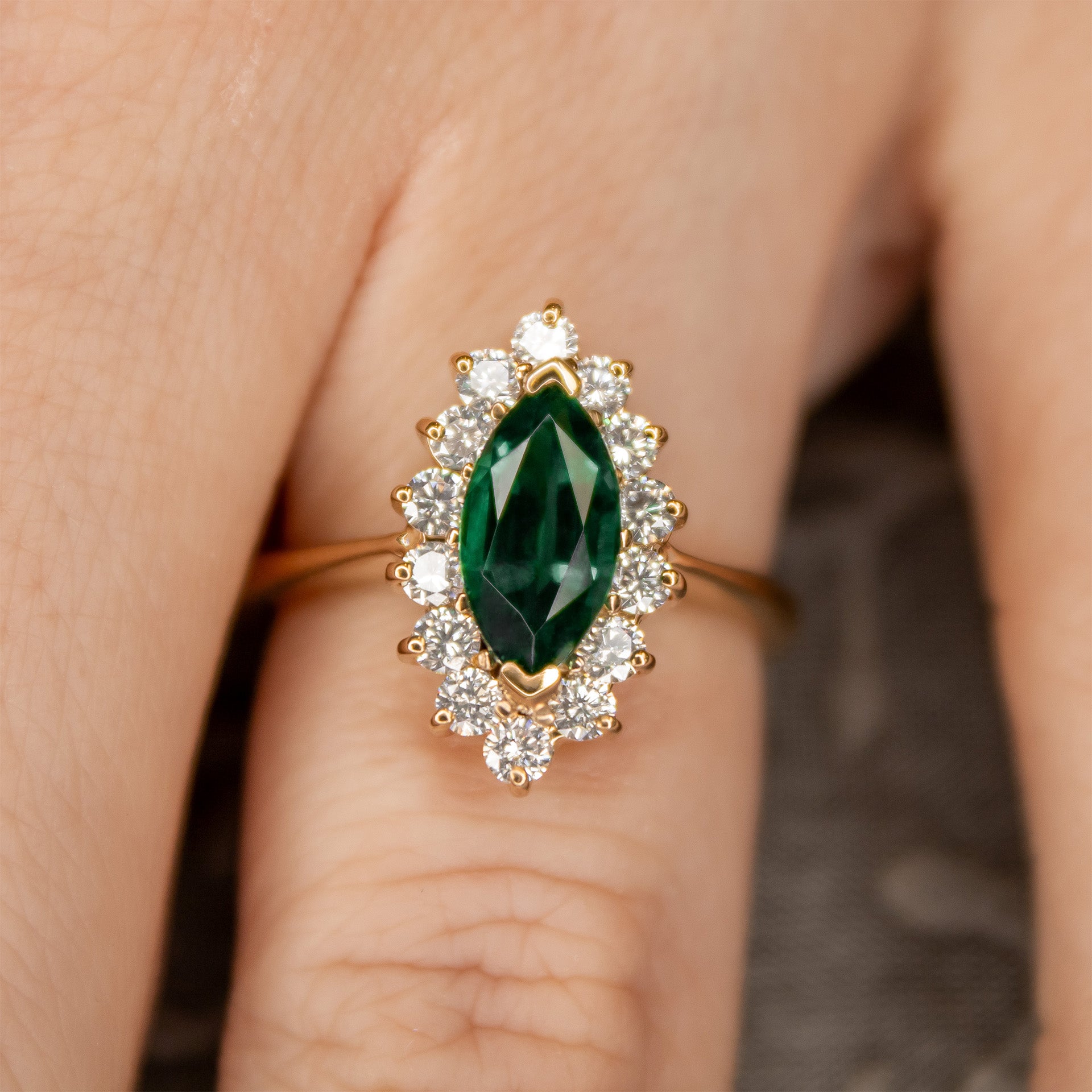 The Hadley Marquise Green Diamond Halo Engagement Ring