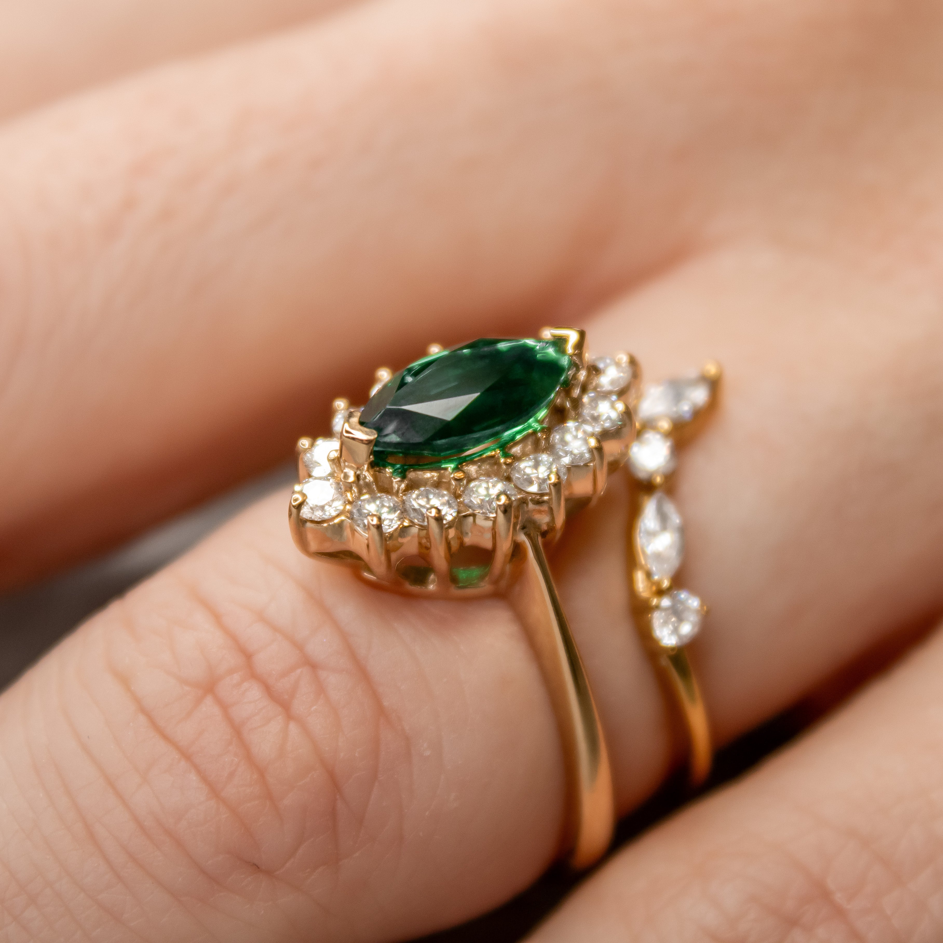 The Hadley Marquise Green Diamond Halo Engagement Ring