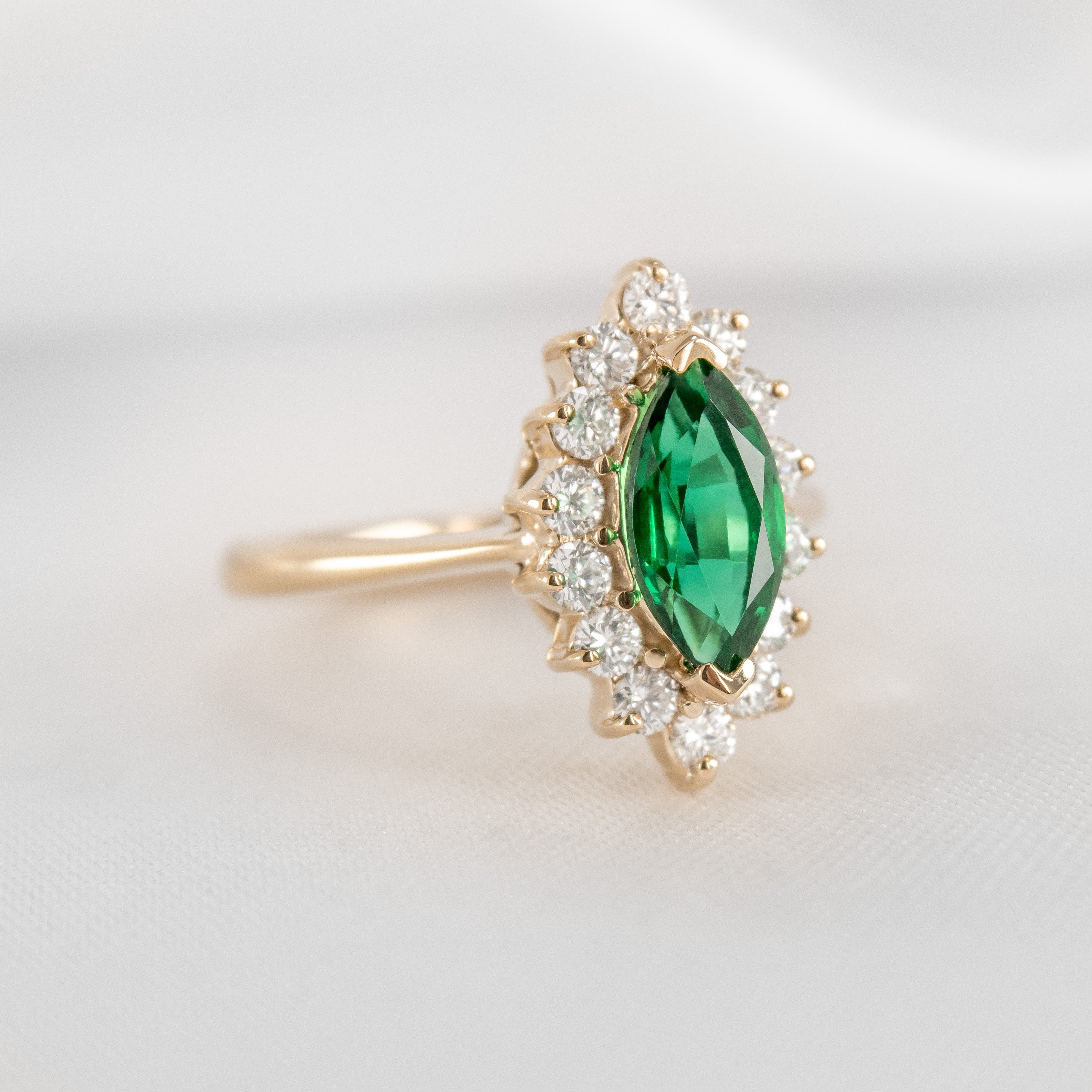 Shown in 1.25 Carat Diamond*The Hadley Green Diamond Engagement Ring with marquise cut diamond in yellow gold from side view by Lisa Robin#color_14k-yellow-gold
