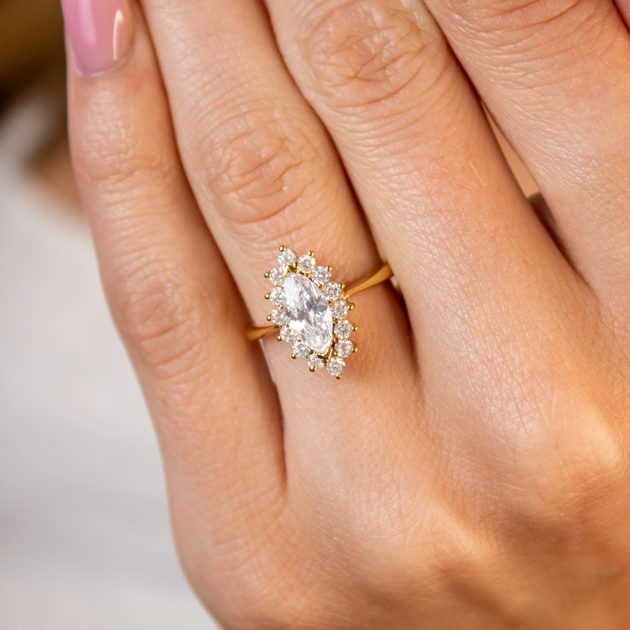Shown in 1.25 Carat * The Hadley Marquise Diamond Engagement Ring on model hand | Lisa Robin#color_14k-yellow-gold