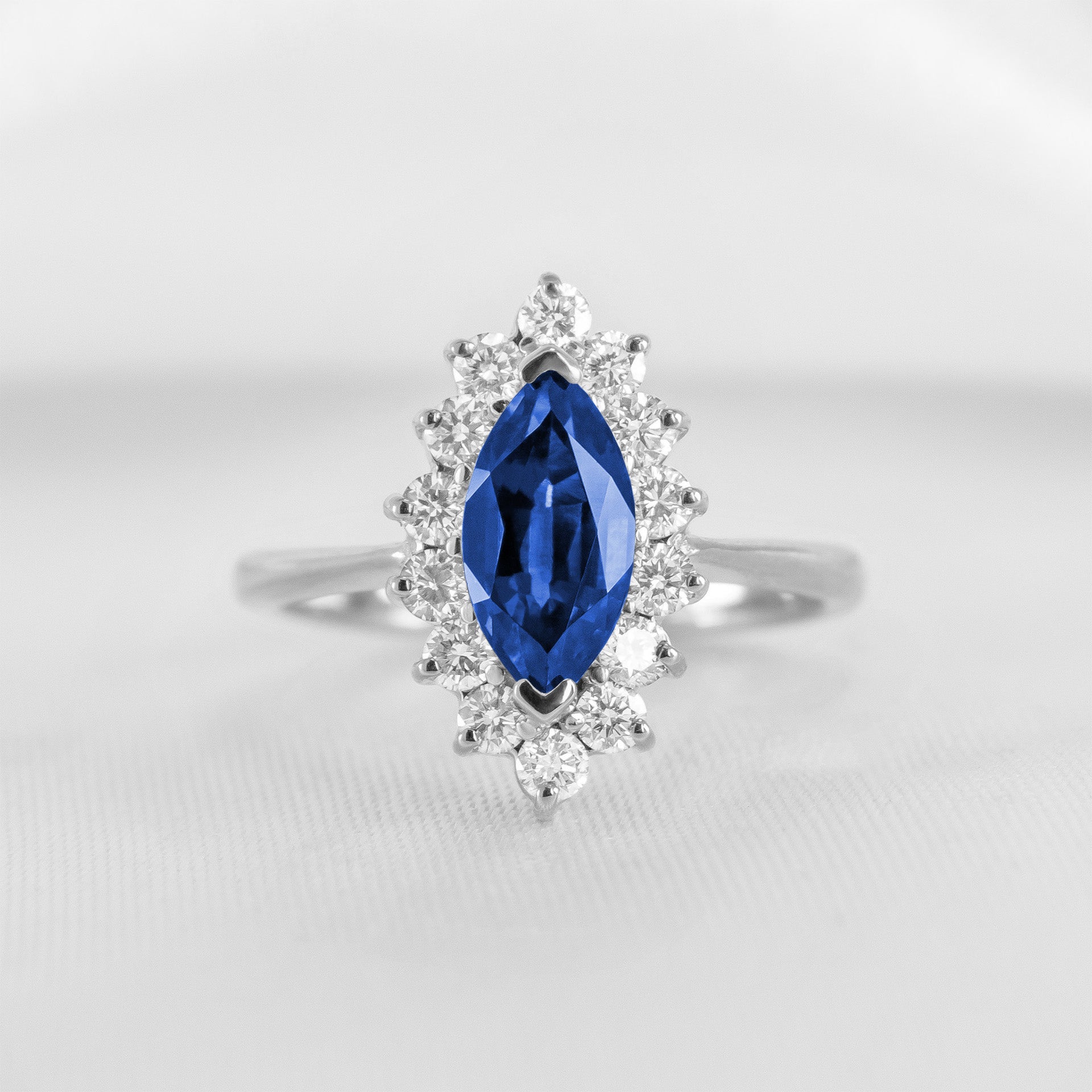 Shown in 1.25 Carat Diamond*The Hadley Blue Sapphire Diamond Engagement Ring with marquise cut diamond in white gold from front by Lisa Robin#color_14k-white-gold