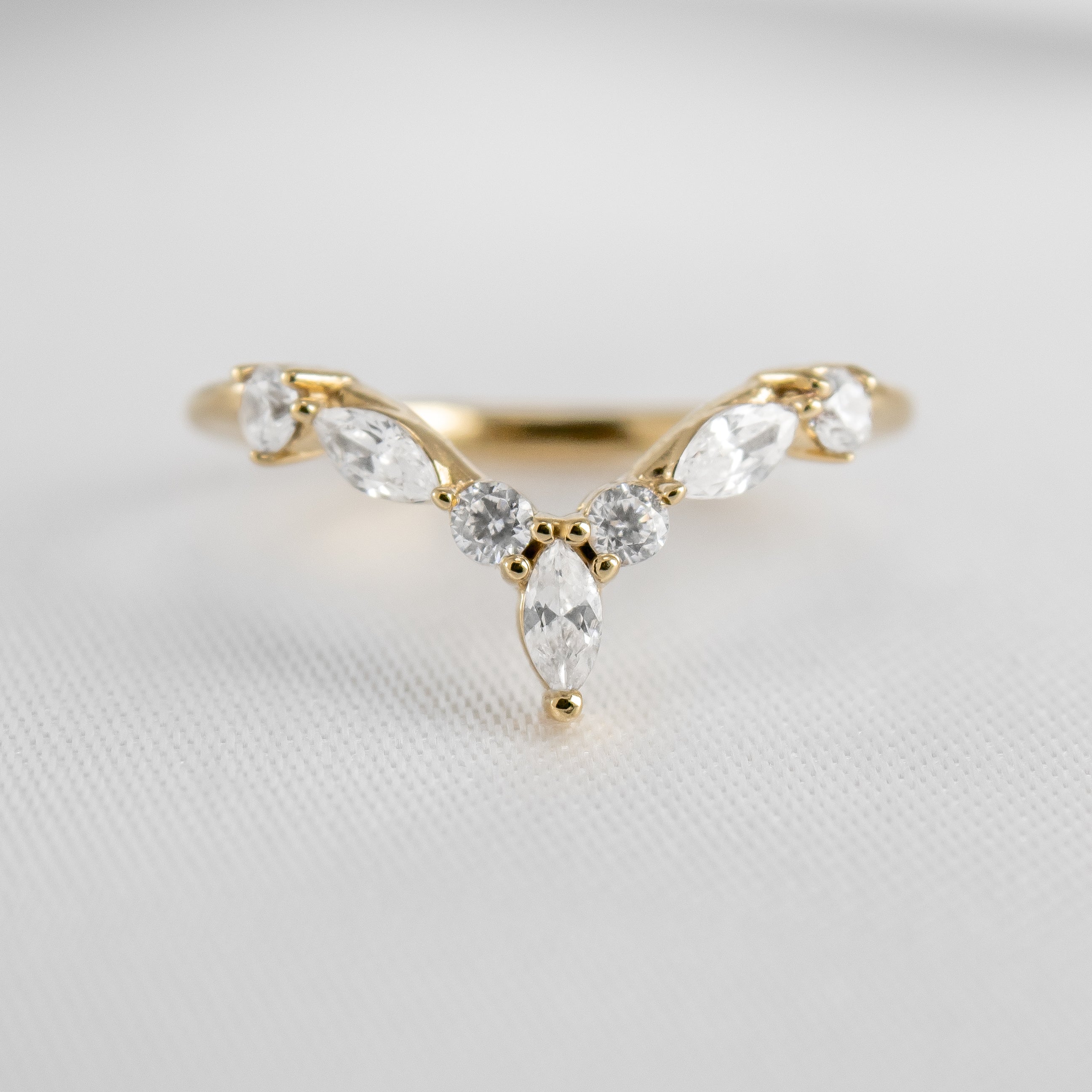The Jaden Marquise Chevron Natural Diamond Wedding Ring in 18K yellow gold from top view by Lisa Robin#color_18k-yellow-gold