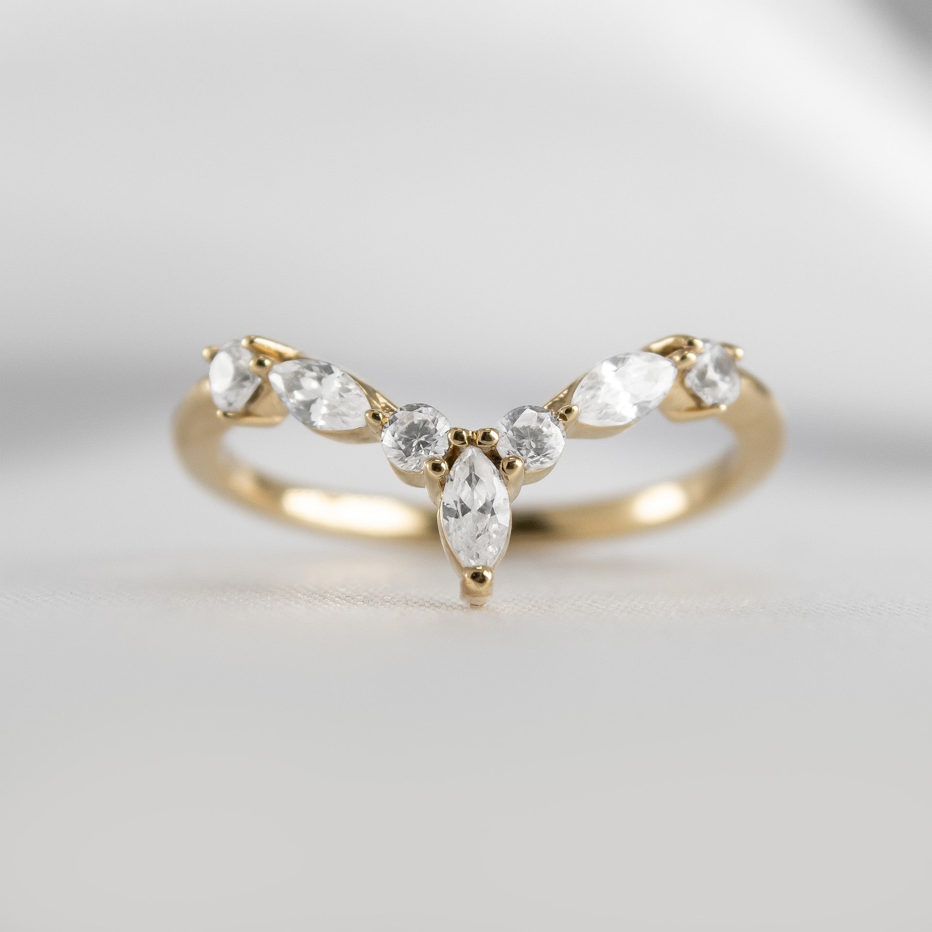 The Jaden Marquise Chevron Lab Diamond Wedding Ring in 14K yellow gold from front by Lisa Robin#color_14k-yellow-gold