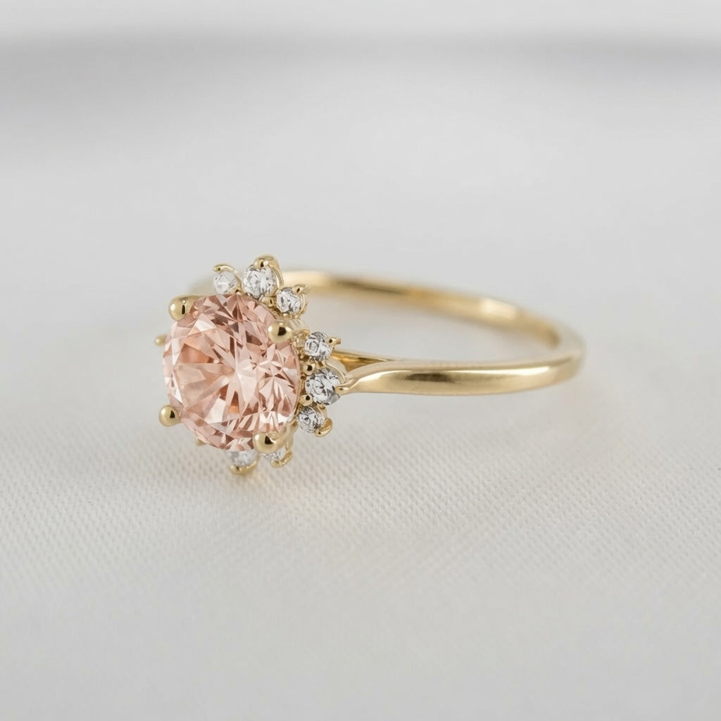 Shown in 1 Carat Morganite*The Jaylin morganite floral halo Diamond Engagement Ring with round cut diamond in yellow gold from side angle by Lisa Robin#color_14k-yellow-gold