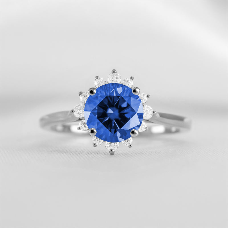 Shown in 1.0 carat Blue Sapphire* The Jaylin Blue Sapphire with Diamond Halo Engagement Ring | Lisa Robin