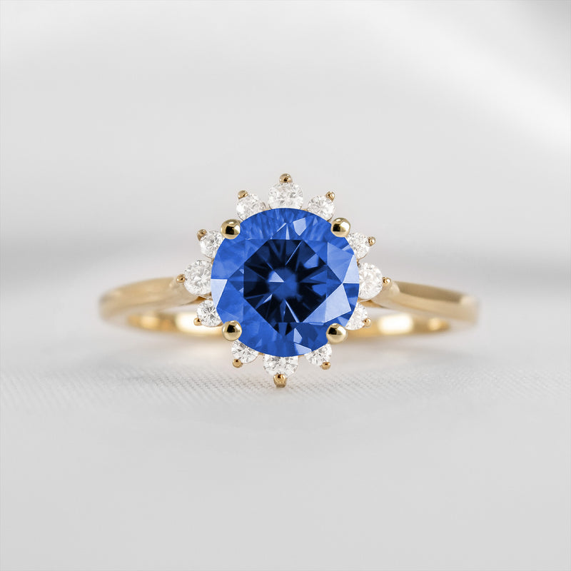 Shown in 1.0 carat Blue Sapphire* The Jaylin Blue Sapphire with Diamond Halo Engagement Ring | Lisa Robin