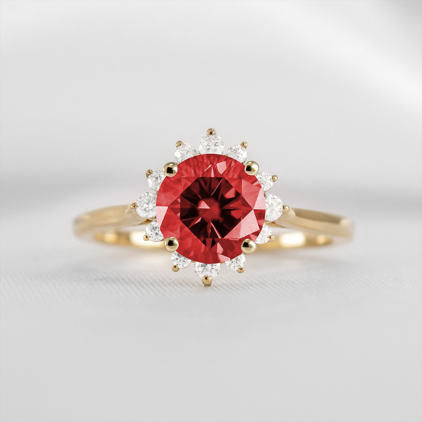Shown in 1.0 carat Ruby* The Jaylin Ruby and Diamond Halo Engagement Ring | Lisa Robin#color_14k-yellow-gold