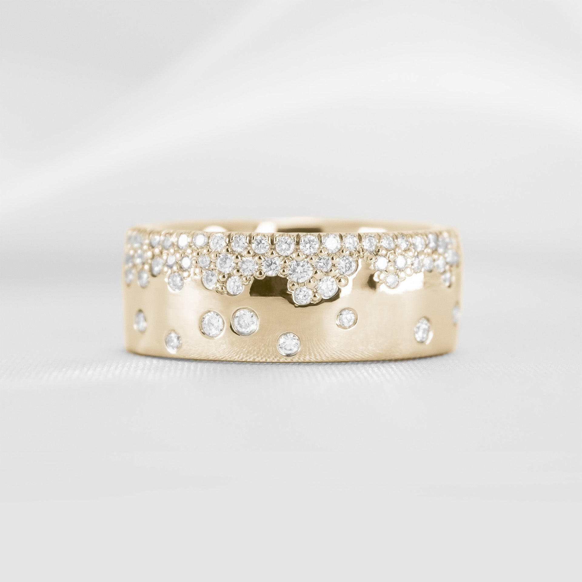 The Jordan wide Scatter lab Diamond 14K yellow gold Wedding ring front view by Lisa Robin#color_14k-yellow-gold