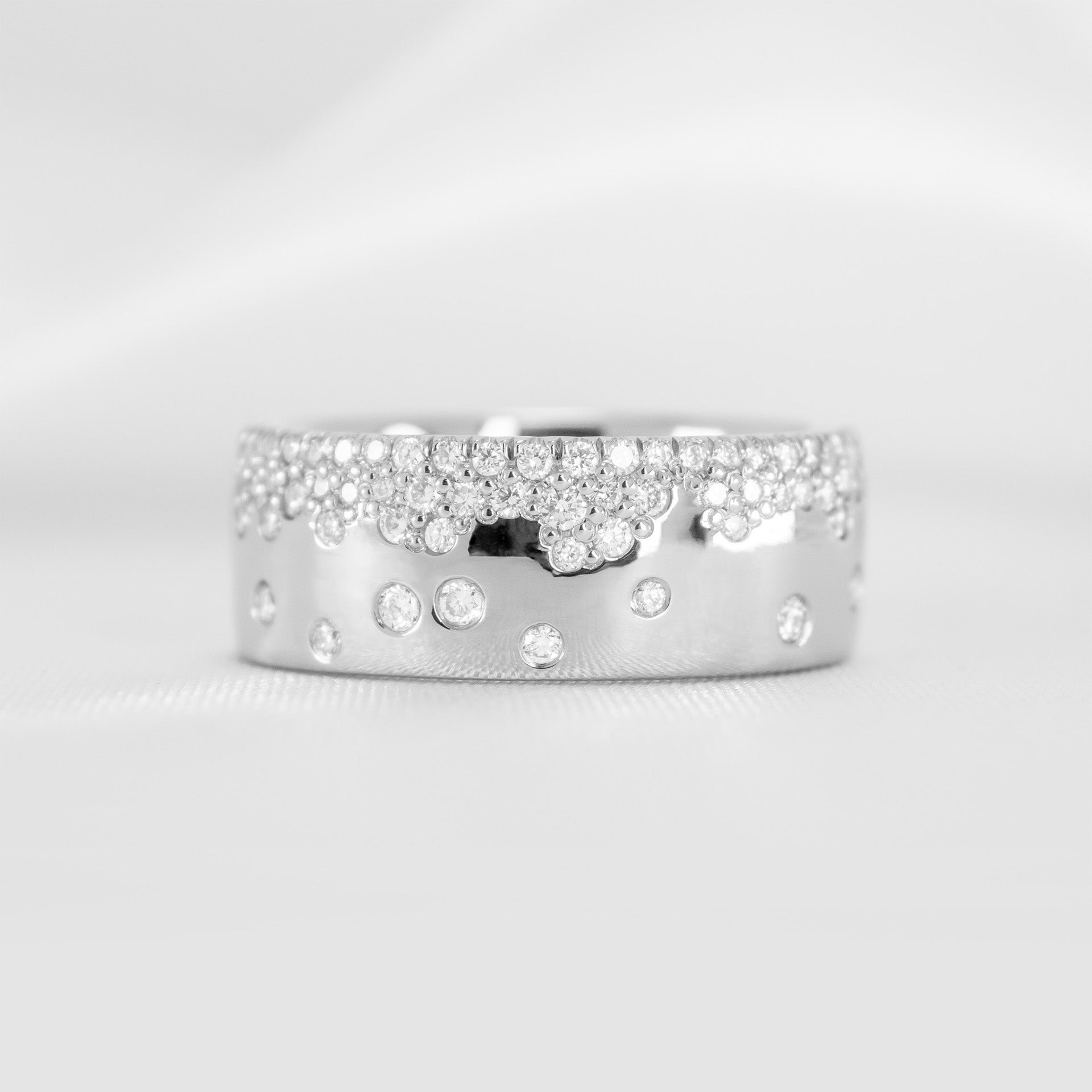 The Jordan wide Scatter lab Diamond 14K white gold Wedding ring front view by Lisa Robin#color_14k-white-gold