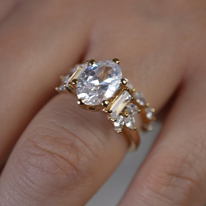 Shown in 3 Carat Diamond*The Juniper Baguette and Marquise Diamond Engagement Ring with oval cut diamond in yellow gold from front by Lisa Robin#color_14k-yellow-gold