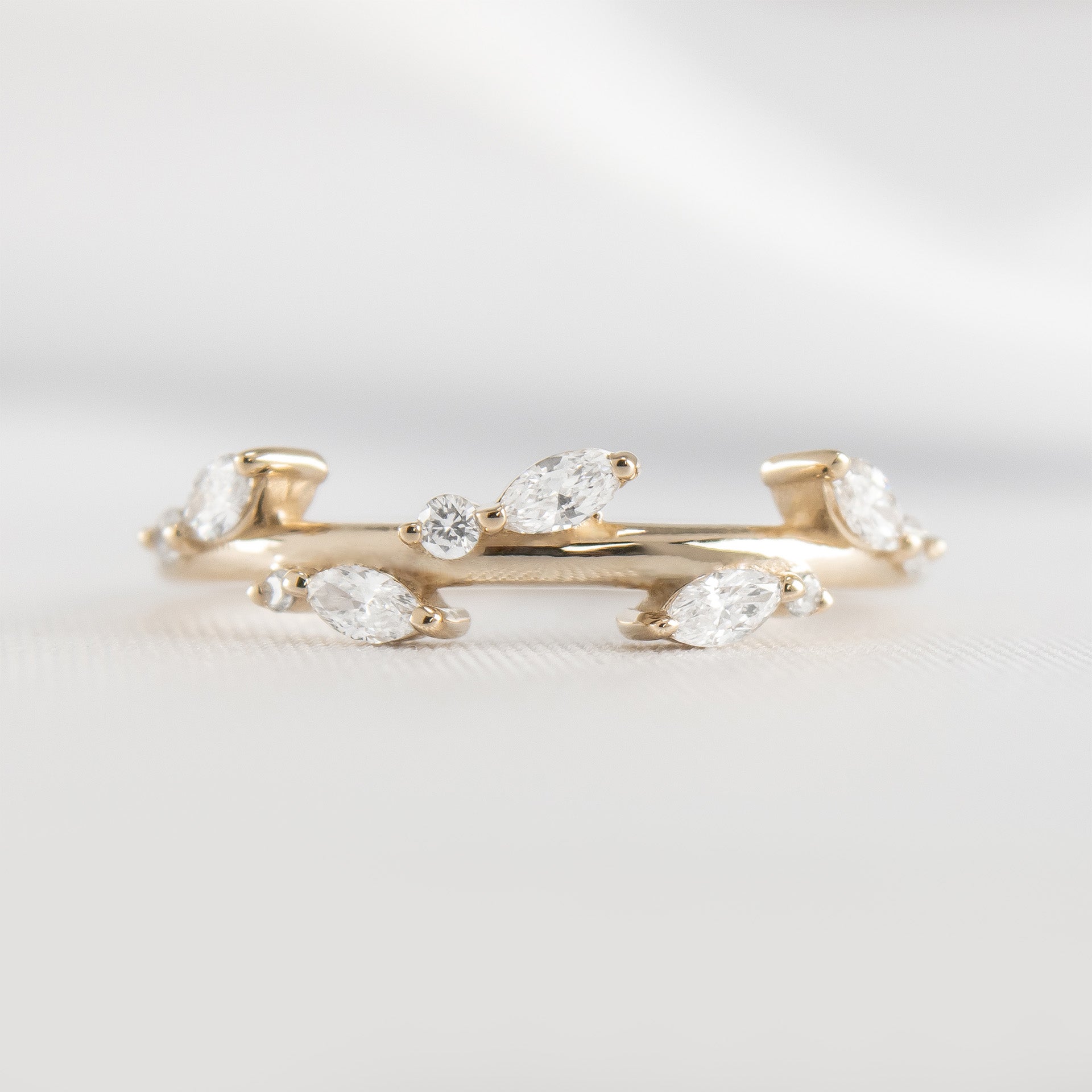 The Kaliko Marquise Lab Diamond Leaf Wedding Ring in 14K yellow gold from front by Lisa Robin#color_14k-yellow-gold