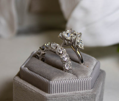 Custom Three Stone Cushion Cut and Pear Diamond Ring with Diamond Eternity Ring | Lisa Robin