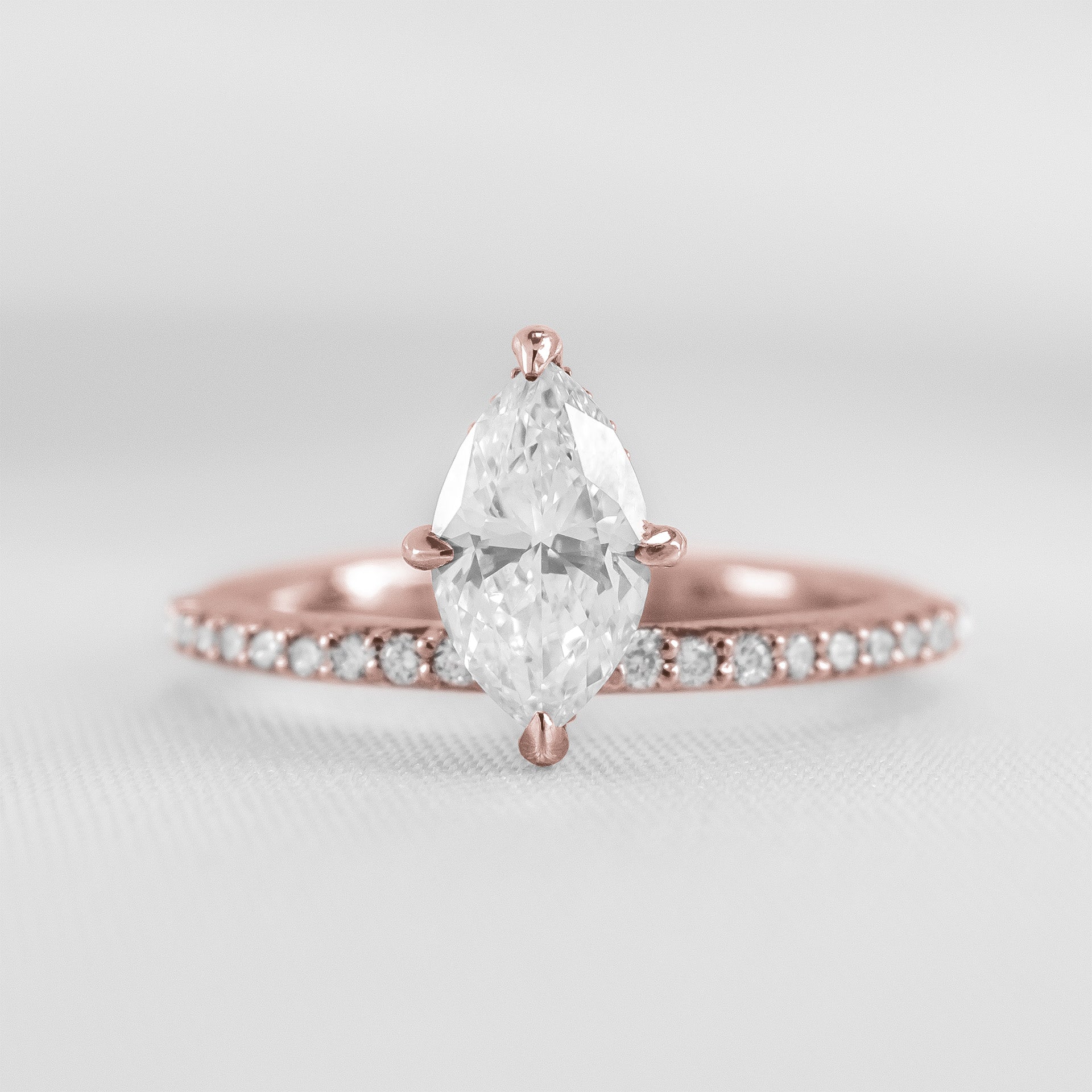 Shown in 1.5 Carat Diamond*The Kingsley diamond Engagement Ring with marquise cut in rose gold from front view by Lisa Robin#color_14k-rose-gold