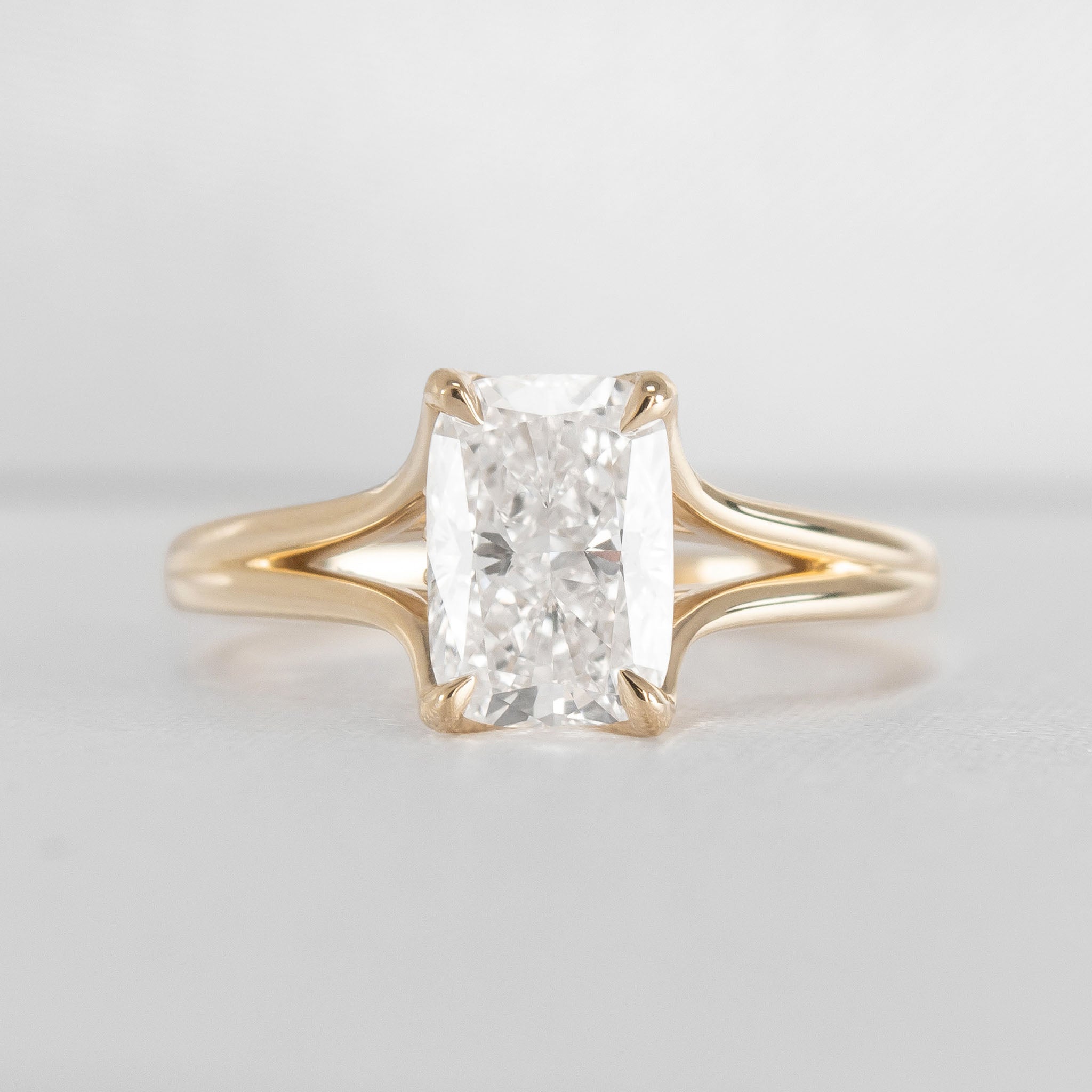 Shown in 1.75 Carat Diamond*The Layla Split Shank Diamond Engagement Ring with elongated cushion cut diamond in yellow gold from front by Lisa Robin#color_14k-yellow-gold