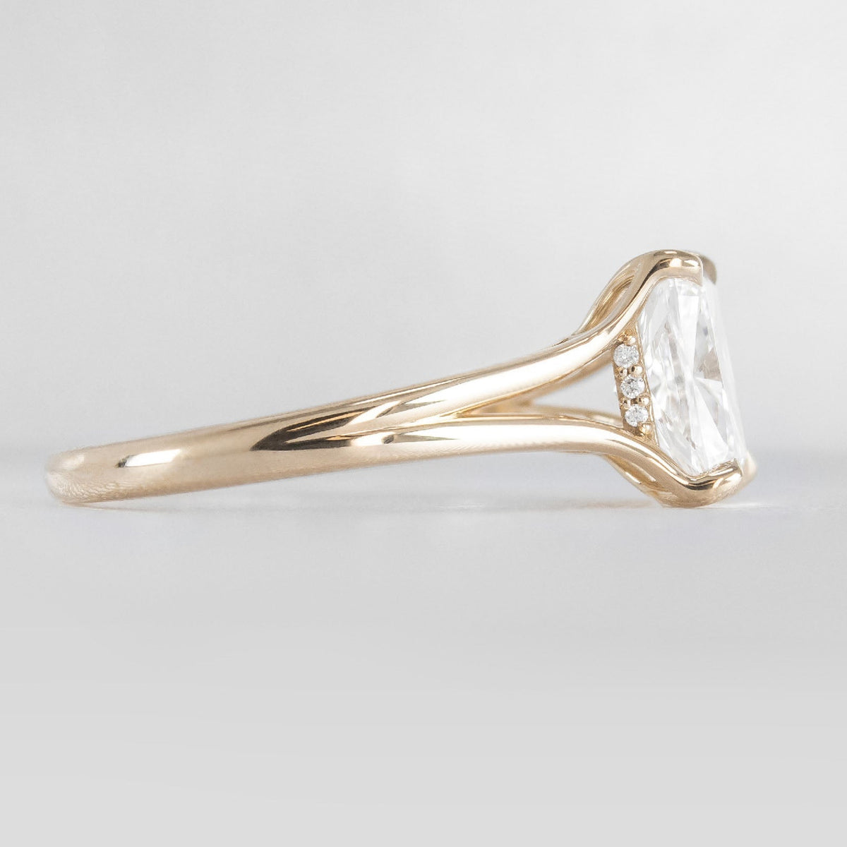 Shown in 1.75 Carat Diamond*The Layla Split Shank Diamond Engagement Ring with elongated cushion cut diamond in yellow gold from side view by Lisa Robin#color_14k-yellow-gold