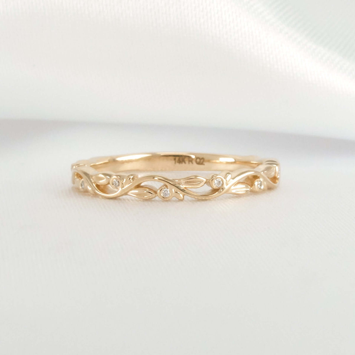 Leaf and vine lab diamond 14K yellow gold wedding band by Lisa Robin#color_14k-yellow-gold