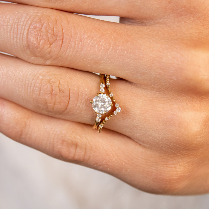 Maeve curved lab diamond 14K yellow gold wedding band on model hand by Lisa Robin#color_14k-yellow-gold