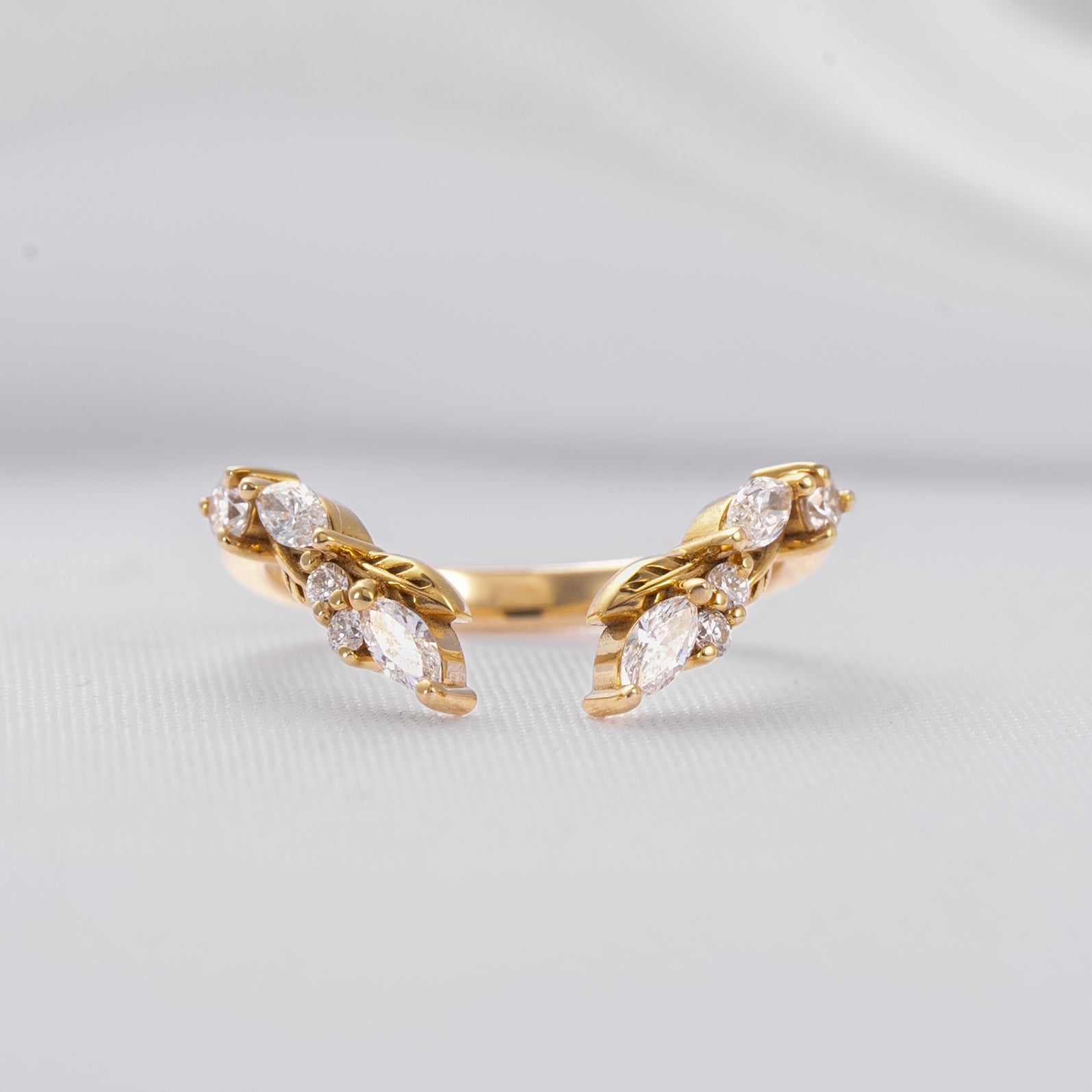 Marlowe leaf curved open natural diamond 14K yellow gold wedding band by Lisa Robin#color_14k-yellow-gold