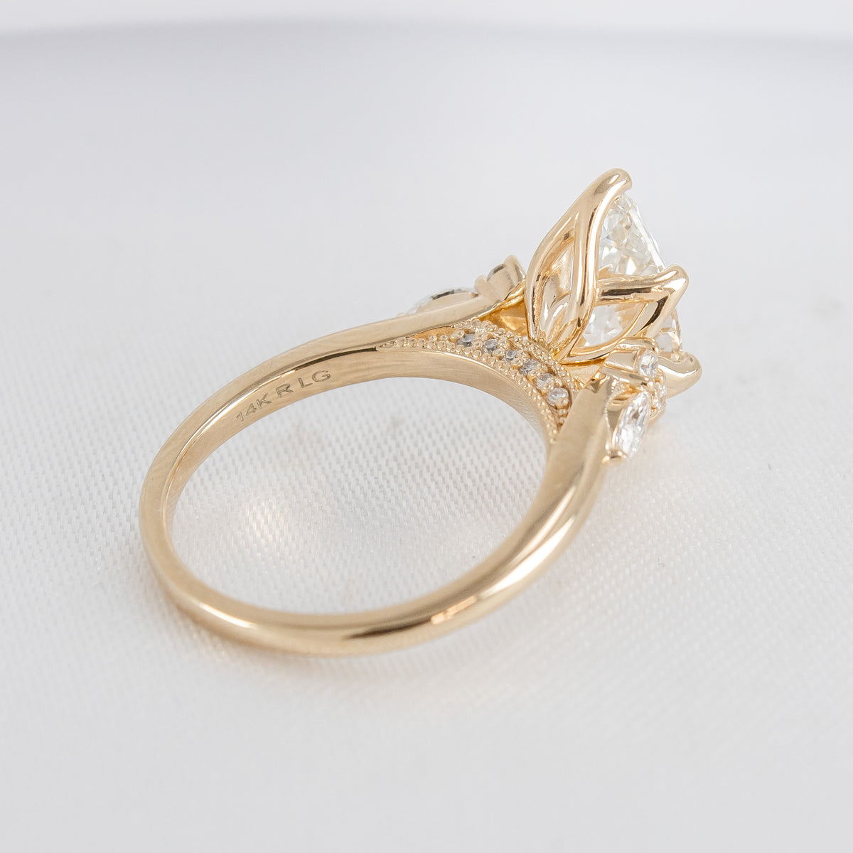 Shown in 2 Carat Diamond*The Meredith cathedral Engagement Ring with marquise cut diamond in yellow gold from the top profile by Lisa Robin#color_14k-yellow-gold