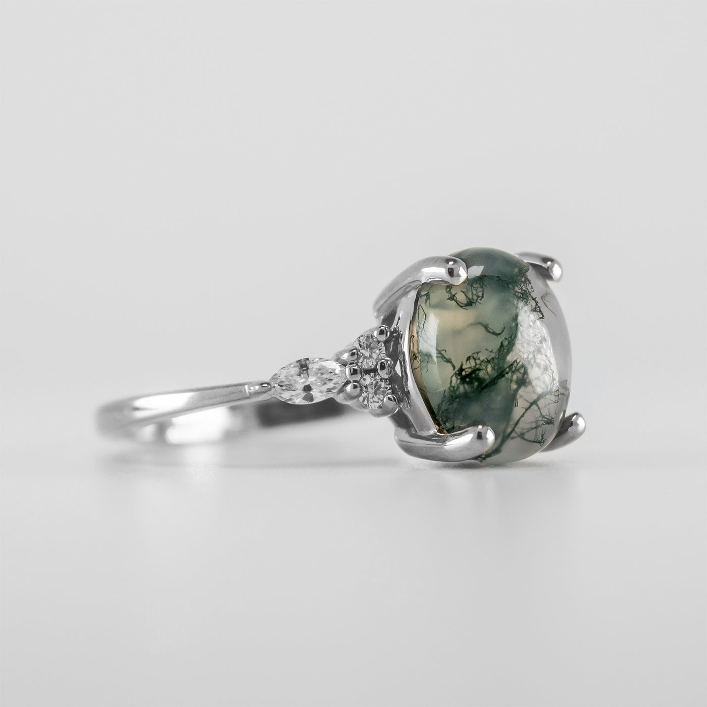 The Sophia Oval Moss Agate Lab Diamond Accented Engagement Ring | Lisa Robin#color_14k-white-gold