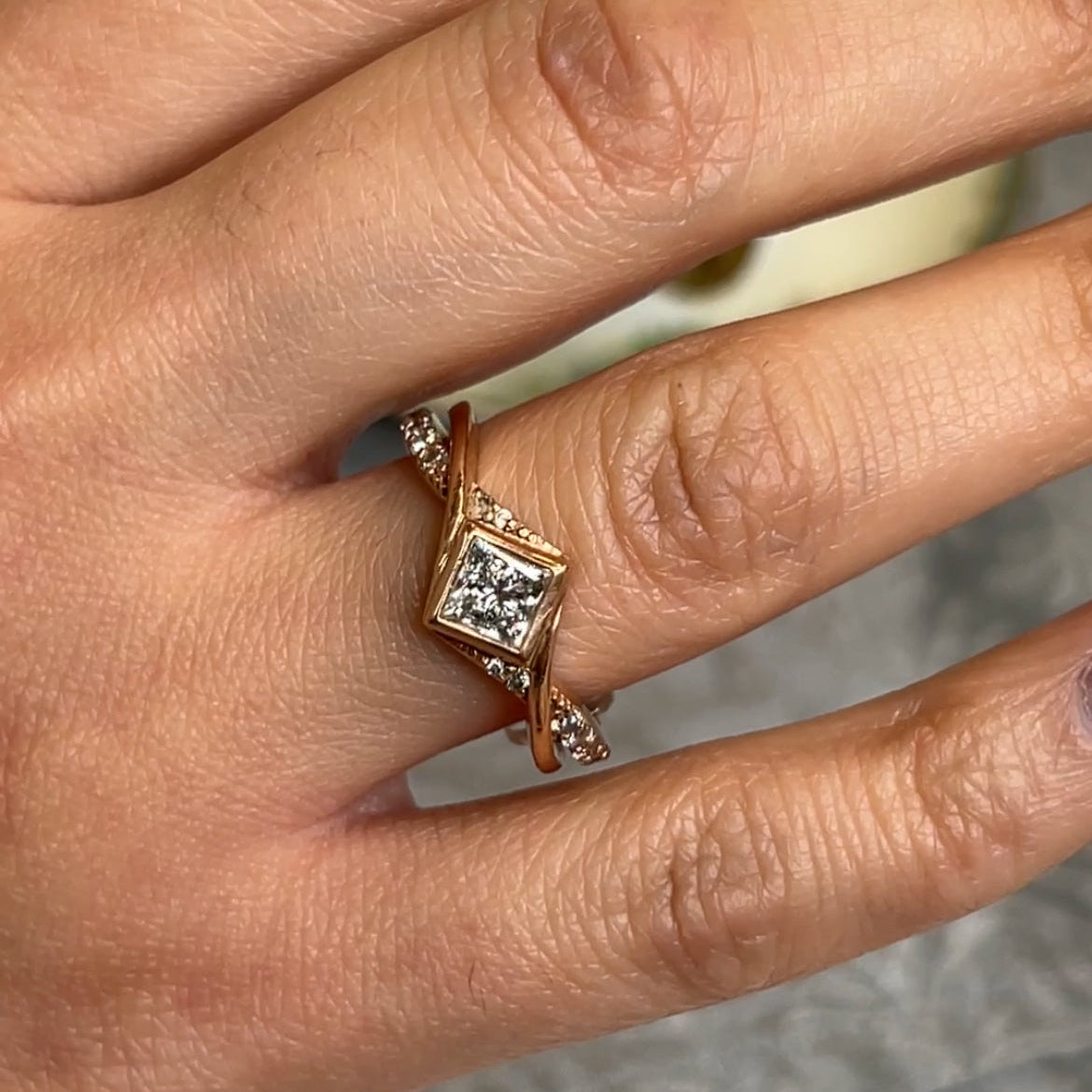 Gender neutral Oakley bezel set princess cut diamond ring in gold by Lisa Robin