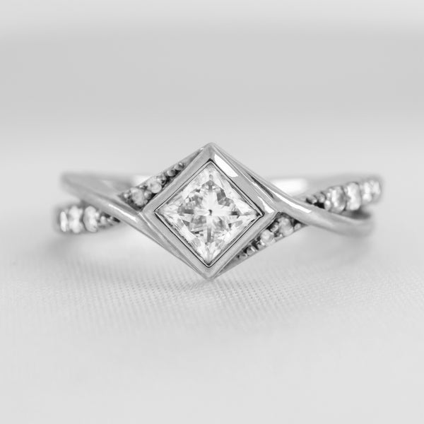Oakley Princess Cut Twist Engagement Ring | Low Bezel Ring | Lisa