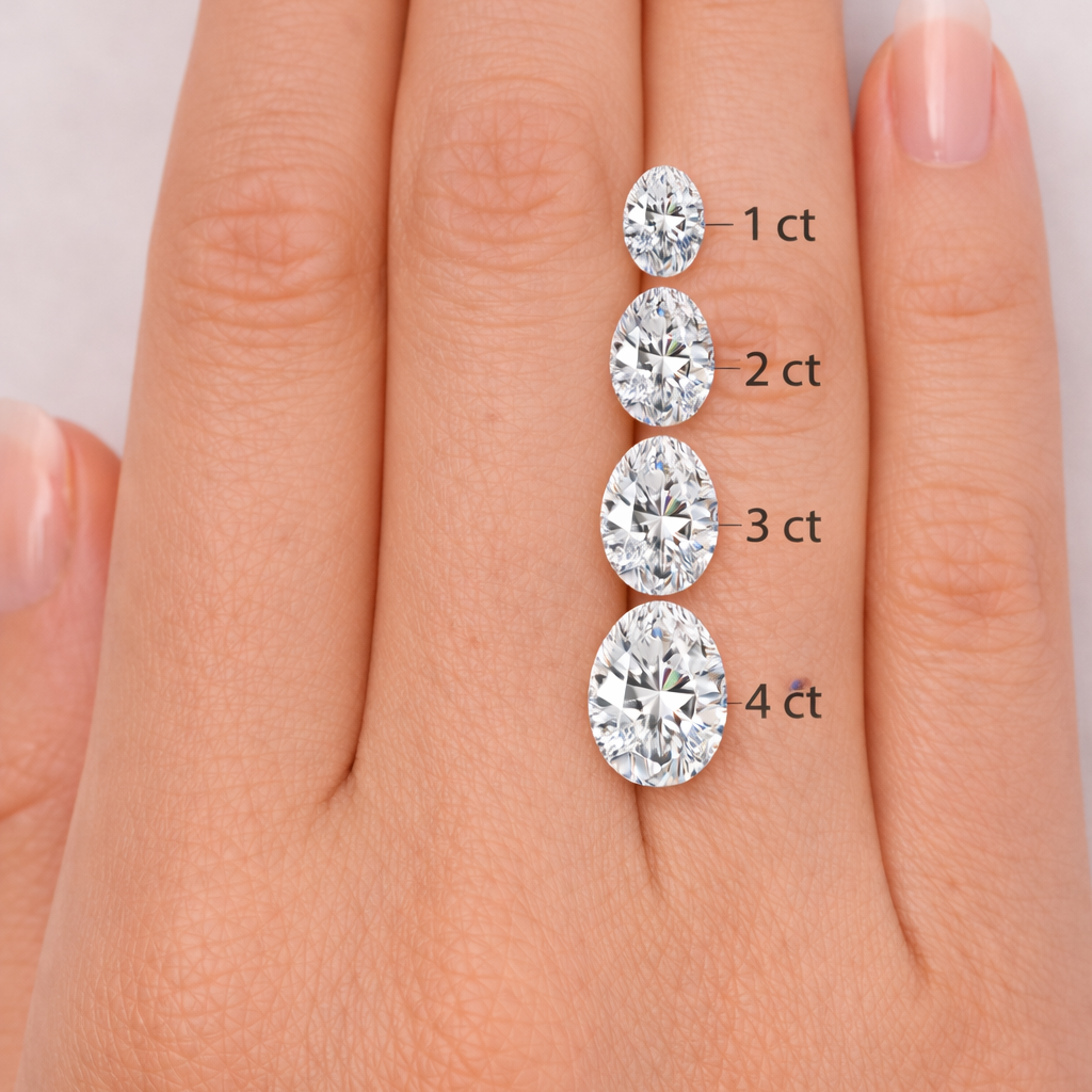 Oval diamonds by carat weight shown on hand for size reference | Lisa Robin