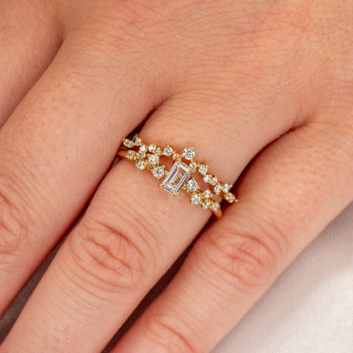 Twilight curved scatter diamond 14K yellow gold wedding ring by Lisa Robin#color_14k-yellow-gold