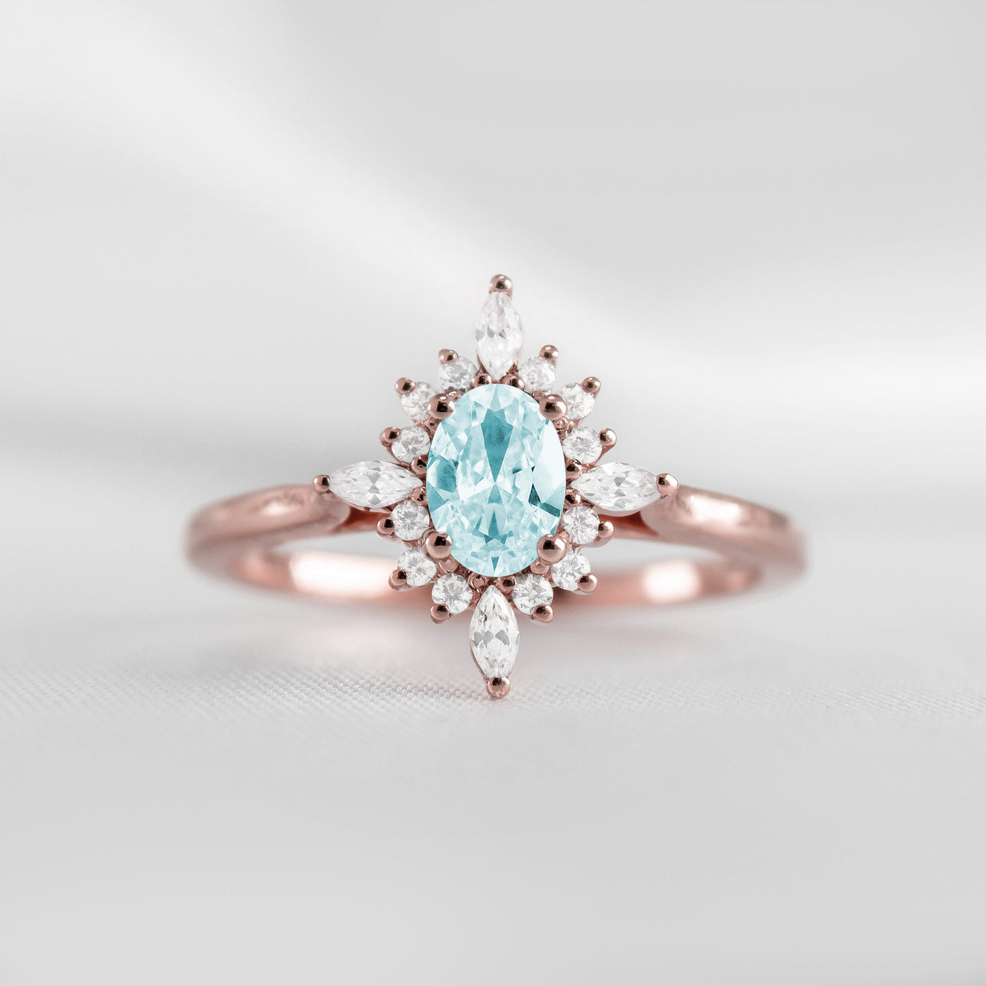 Shown in 1.0 carat Aquamarine* The Revel Aquamarine and Diamond Halo Engagement Ring | Lisa Robin#color_14k-rose-gold