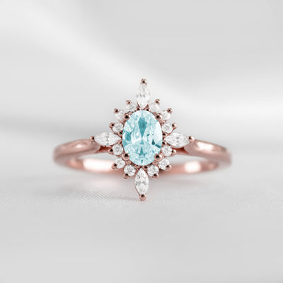 Shown in 1.0 carat Aquamarine* The Revel Aquamarine and Diamond Halo Engagement Ring | Lisa Robin#color_14k-rose-gold