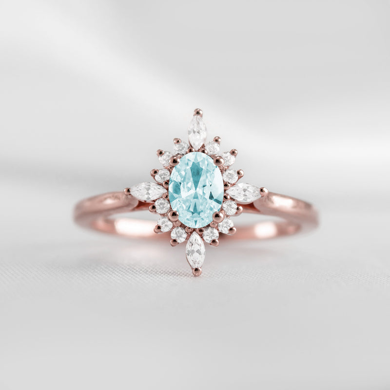 Shown in 1.0 carat Aquamarine* The Revel Aquamarine and Diamond Halo Engagement Ring | Lisa Robin