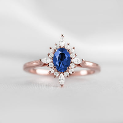 Shown in 1.0 carat Blue Sapphire* The Revel Blue Sapphire and Diamond Halo Engagement Ring | Lisa Robin#color_14k-rose-gold