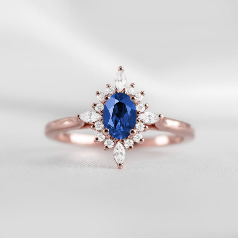 Shown in 1.0 carat Blue Sapphire* The Revel Blue Sapphire and Diamond Halo Engagement Ring | Lisa Robin