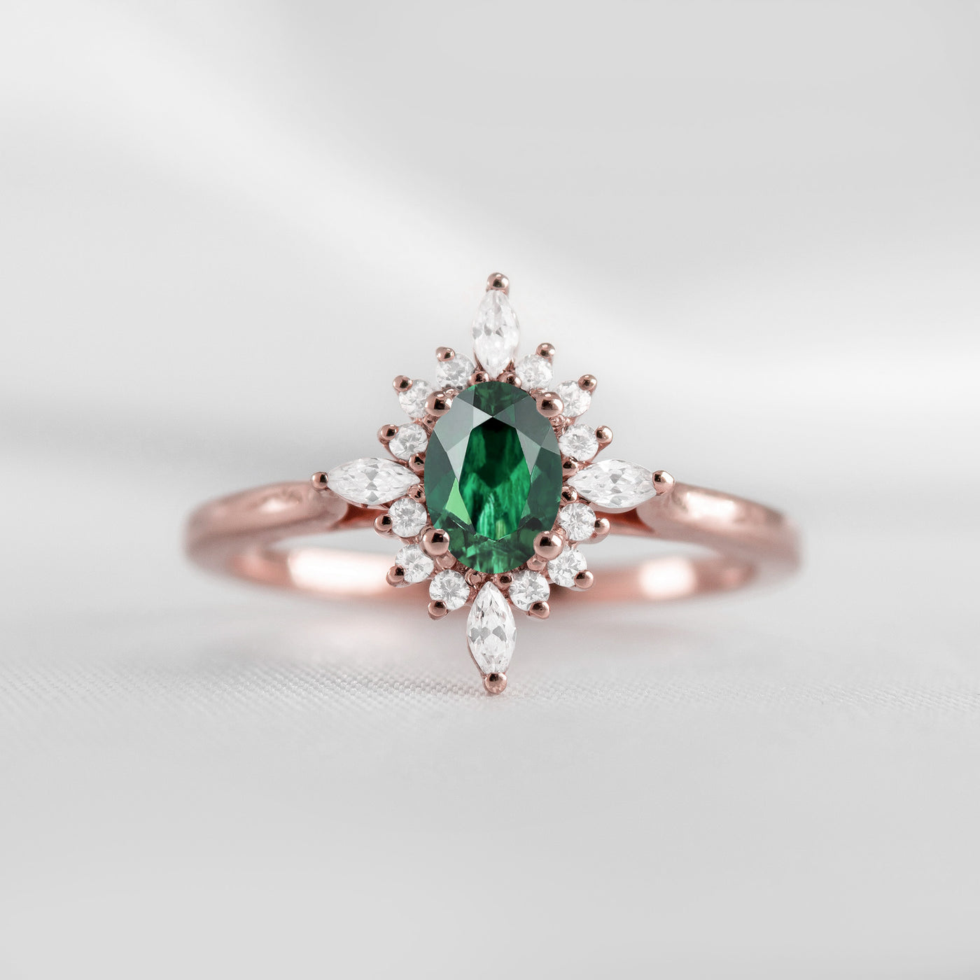 Shown in 1.0 carat Green Emerald* The Revel Green Emerald and Diamond Halo Engagement Ring | Lisa Robin#color_14k-rose-gold