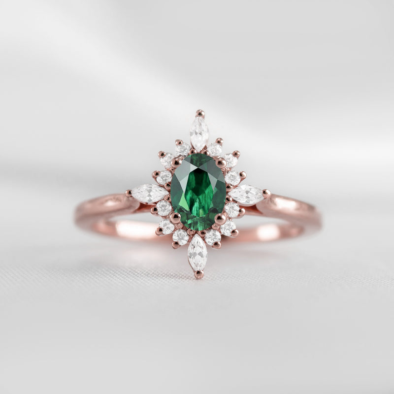 Shown in 1.0 carat Green Emerald* The Revel Green Emerald and Diamond Halo Engagement Ring | Lisa Robin