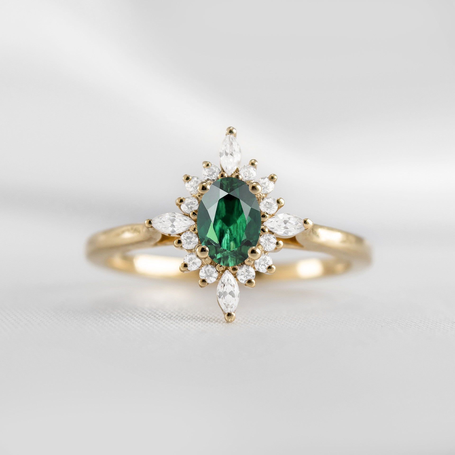 Shown in 1.0 carat Green Emerald* The Revel Green Emerald and Diamond Halo Engagement Ring | Lisa Robin#color_14k-yellow-gold